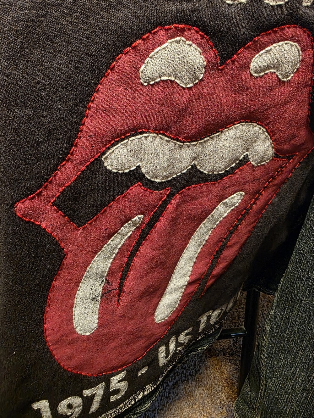 HAND CRAFTED Jacket UPCYCLED Blue Denim Embroidered Rolling Stones Tee Size L - Picture 9 of 13